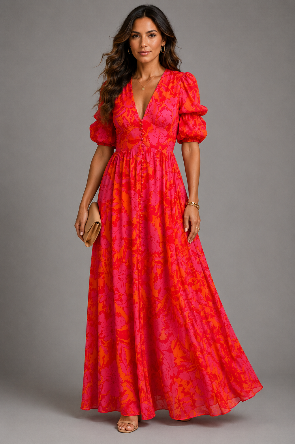 Olympe | Vestido Largo de Mujer Fluido Rosa y Naranja