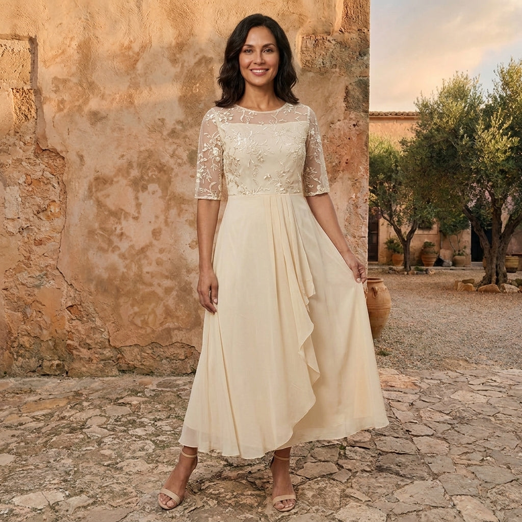 Lorenza | Vestido de Mujer de Gasa con Cuerpo de Encaje