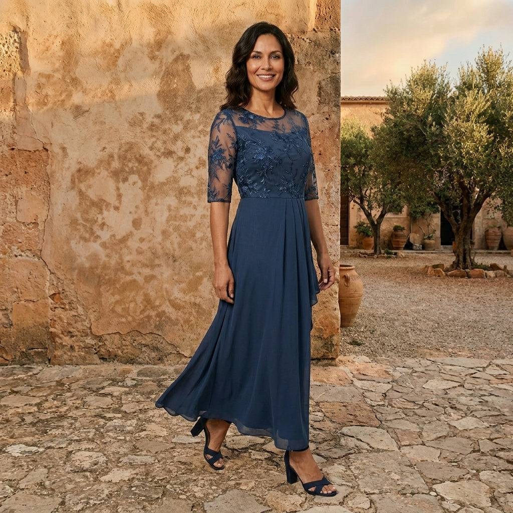 Lorenza | Vestido de Mujer de Gasa con Cuerpo de Encaje