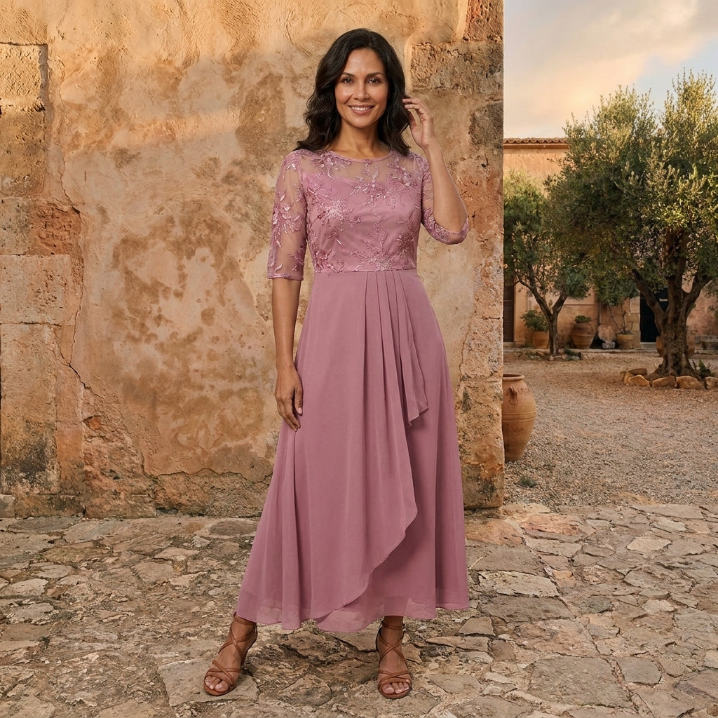 Lorenza | Vestido de Mujer de Gasa con Cuerpo de Encaje