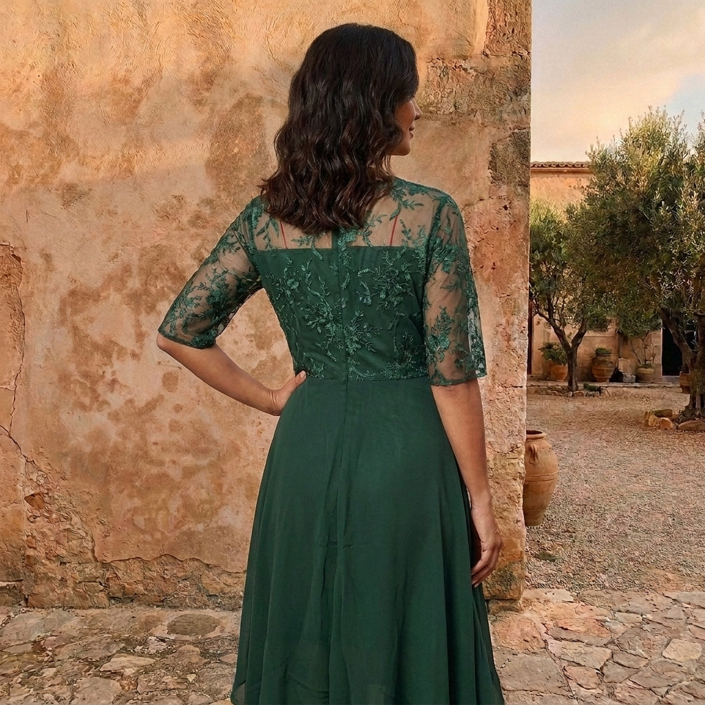 Lorenza | Vestido de Mujer de Gasa con Cuerpo de Encaje