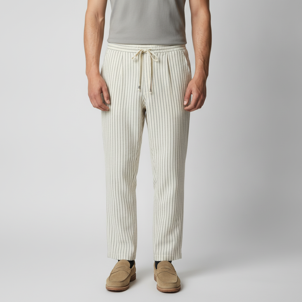 Pantalón de Lino y Algodón Hombre Pinstripe Cordón Casual Verano