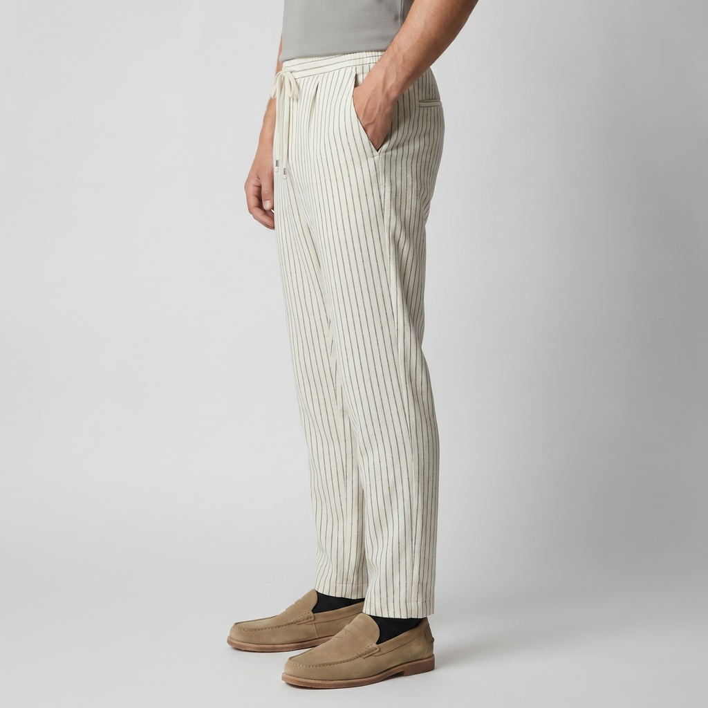 Pantalón de Lino y Algodón Hombre Pinstripe Cordón Casual Verano
