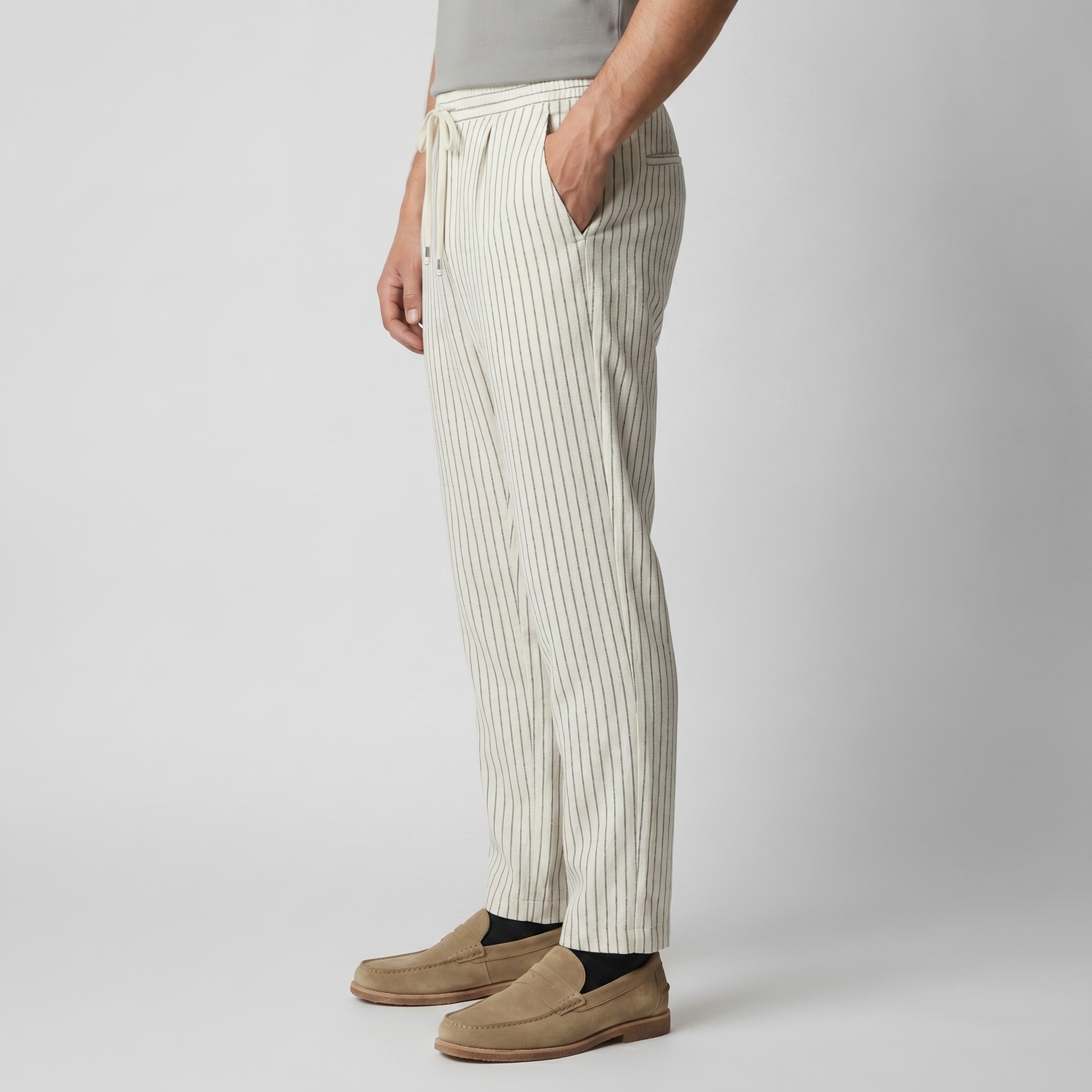 Pantalón de Lino y Algodón Hombre Pinstripe Cordón Casual Verano