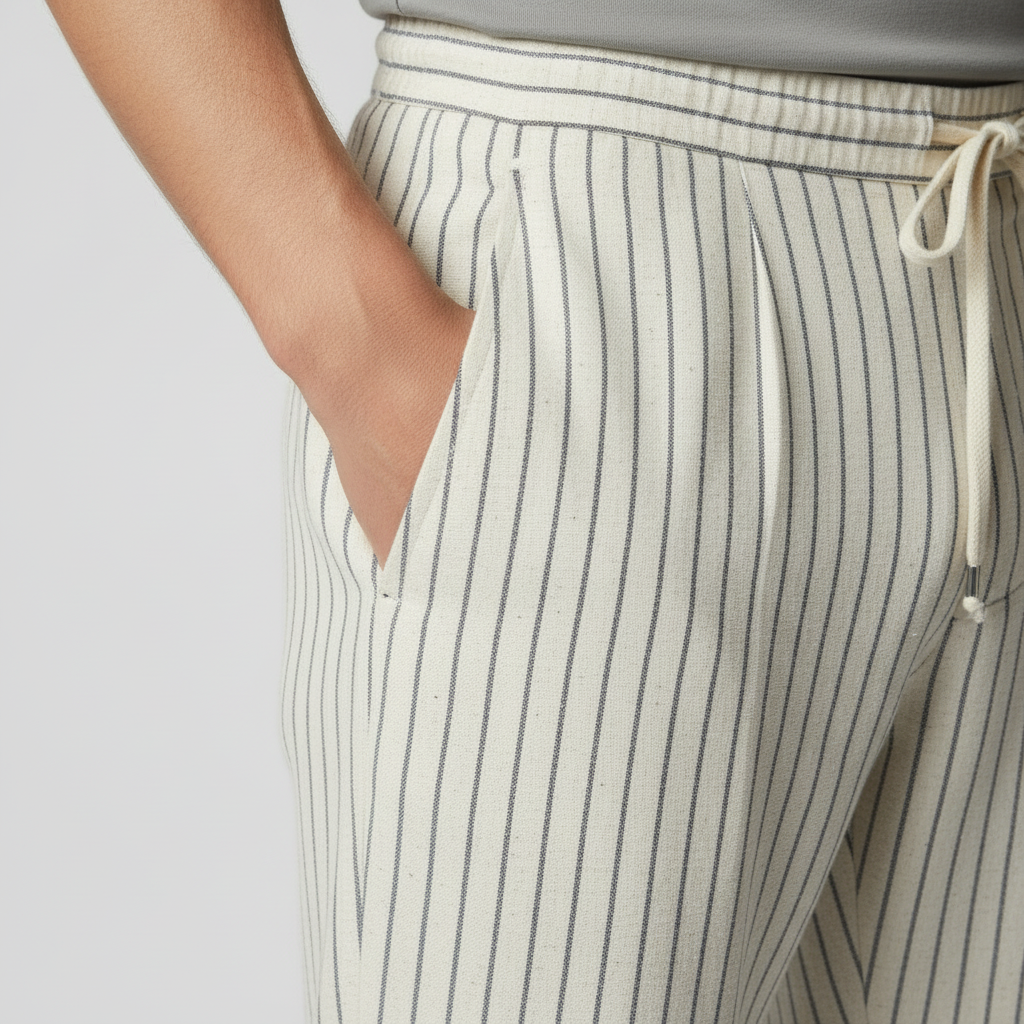 Pantalón de Lino y Algodón Hombre Pinstripe Cordón Casual Verano