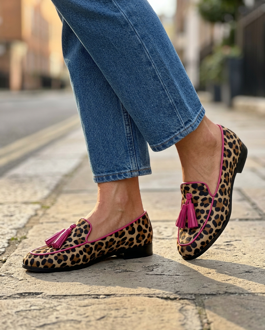 Mocasín Fiamma — Leopardo con Vivos y Borlas Fucsia