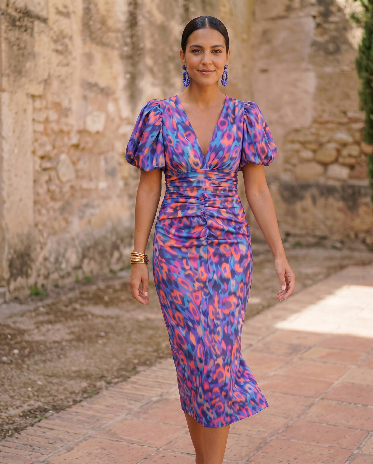 Carla | Vestido Midi de Mujer Floral con Mangas Abullonadas