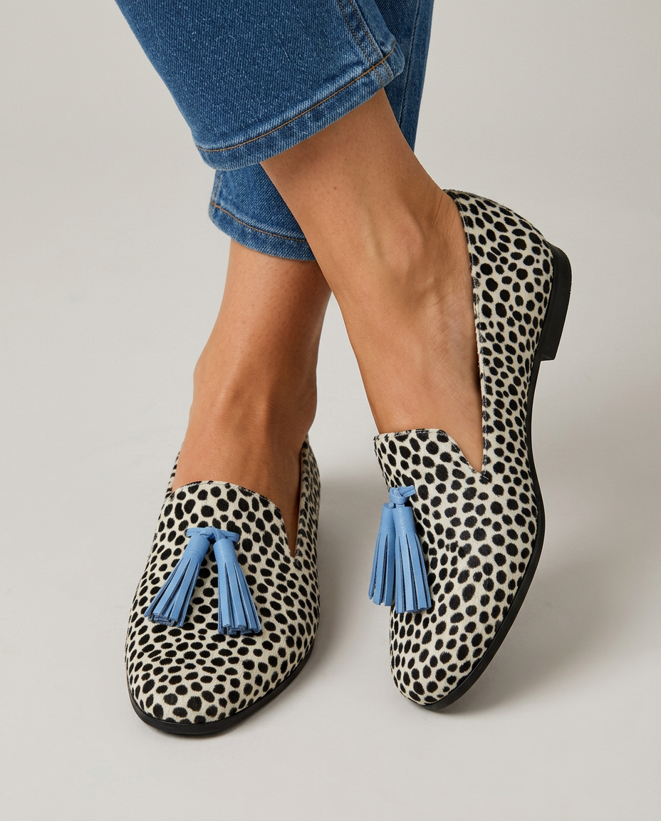 Mocasines Nadia — Leopardo Blanco y Negro con Borlas Celestes