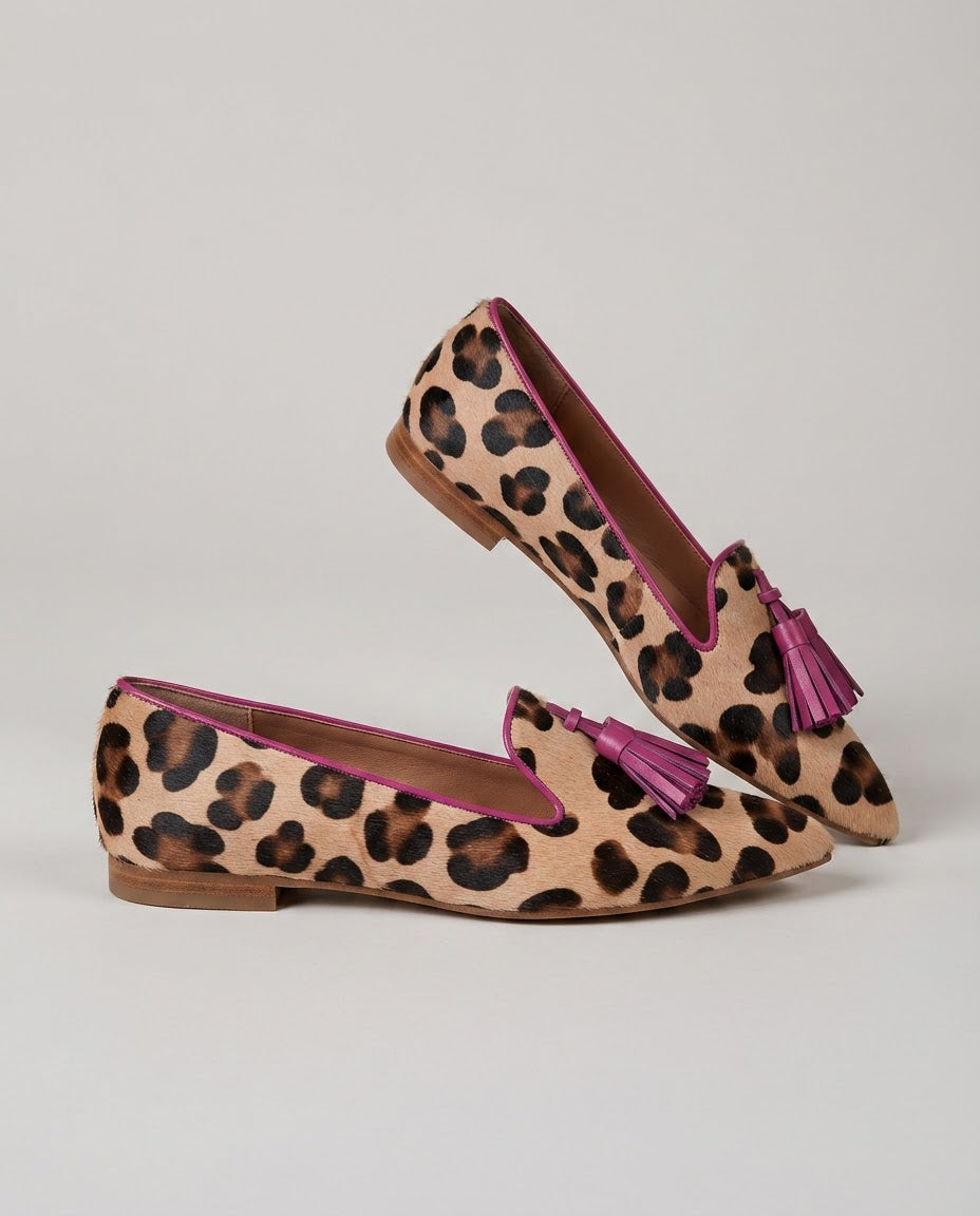 Mocasín Ginevra — Leopardo, Borlas Fucsia