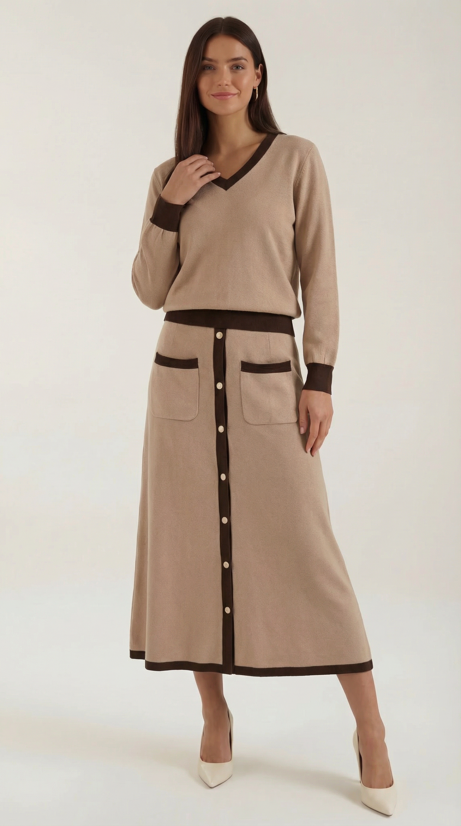 Conjunto de suéter V y falda midi 'Cheryl'