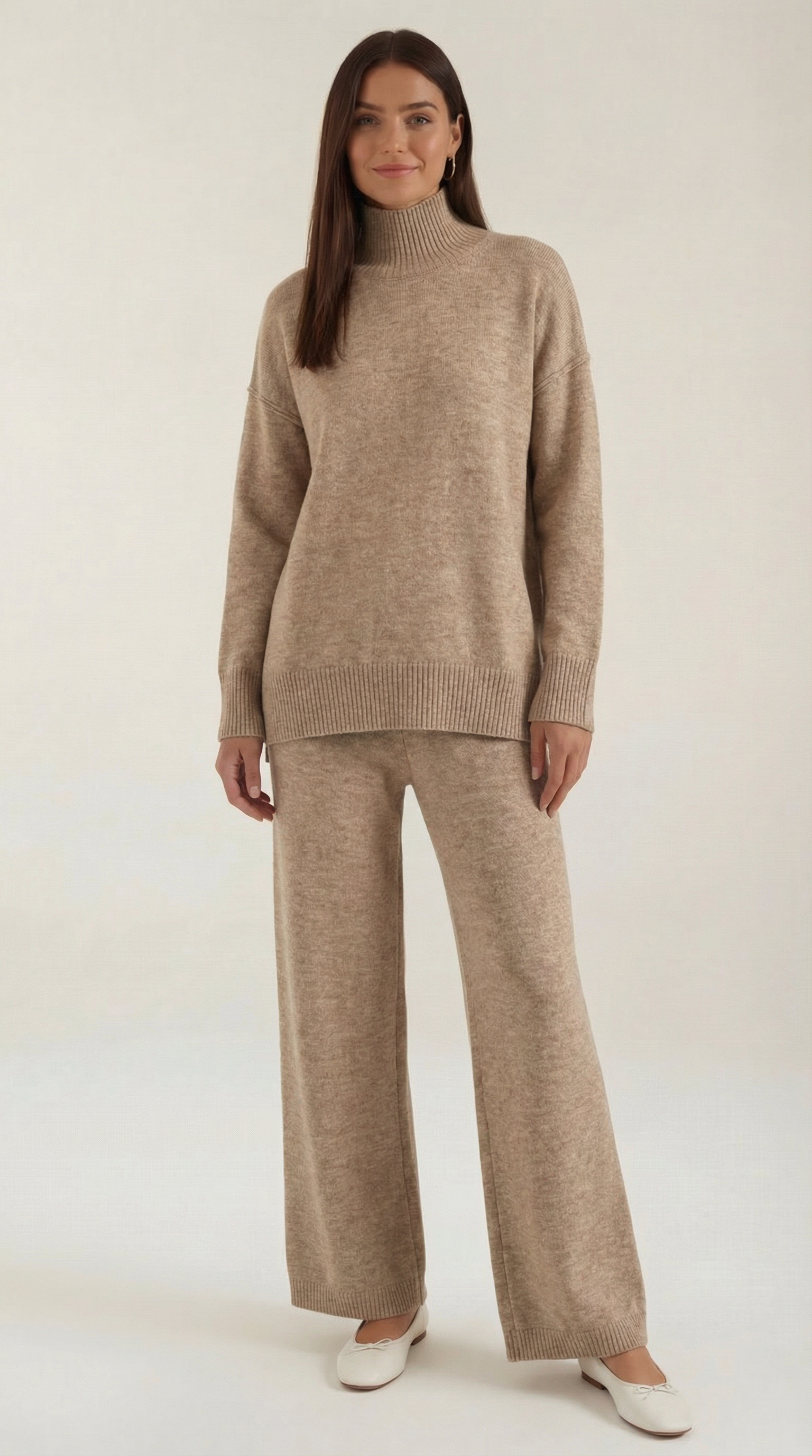 Conjunto de suéter de punto de cuello alto y pantalones vaqueros
