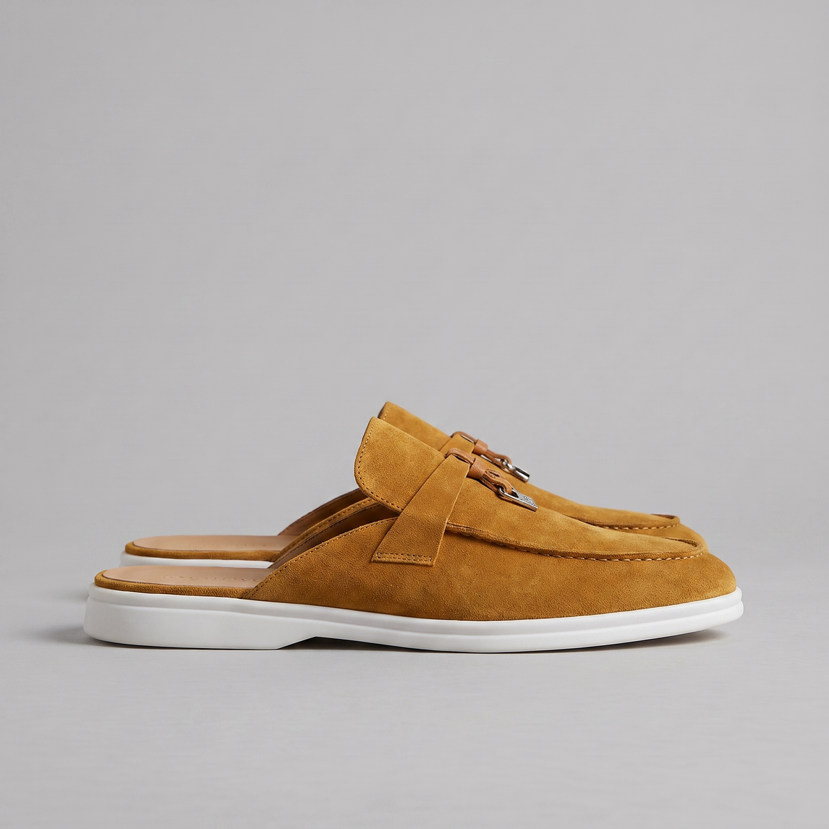 Suede Loafer Mules Heren Metal Buckle Open Heel Casual